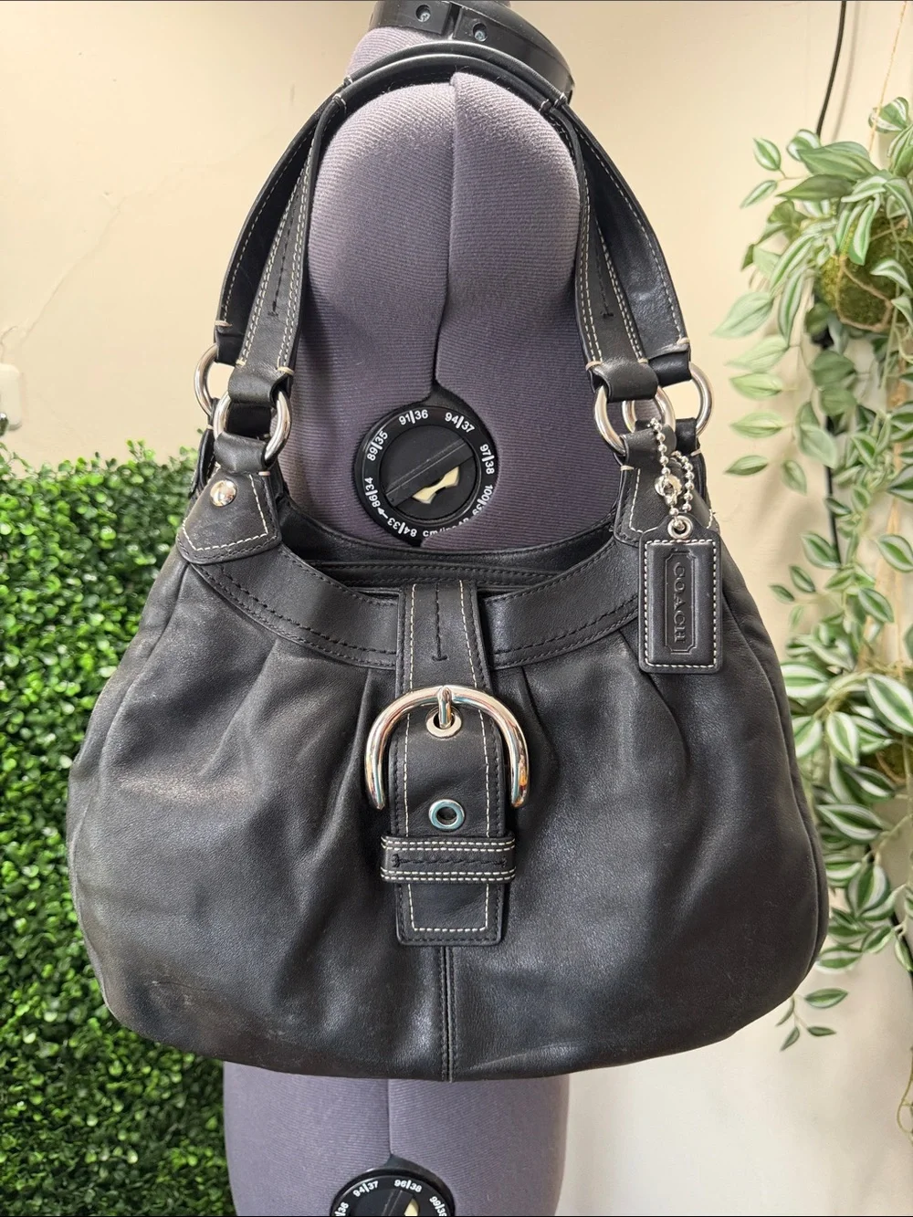Coach SoHo Lynn Black Leather Shoulder Bag with Buckle Detail